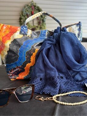 New For Fall-Abstract Marble Handbag including scarf, shades & pearl keychain.